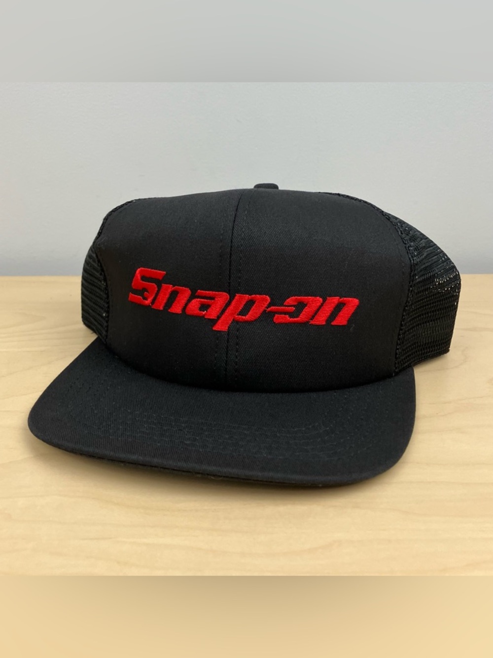 Snap On Mesh Snapback Trucker Hat Black & Red Embroidered Logo